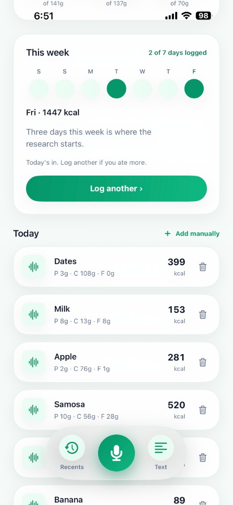 DietPal meal list with voice-logged foods
